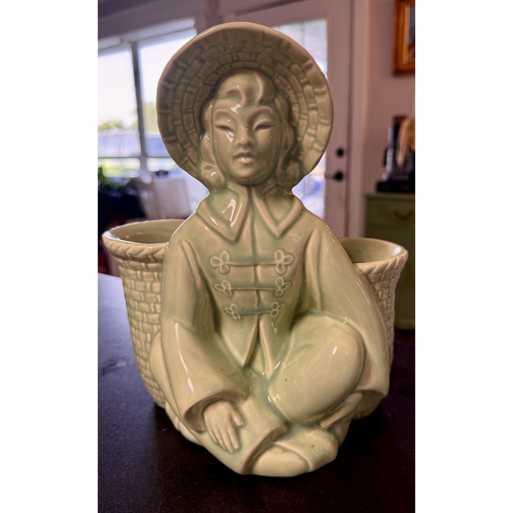 Vintage Asian Lady Double Planter Celadon Green Ceramic Figural TV Planter 8"